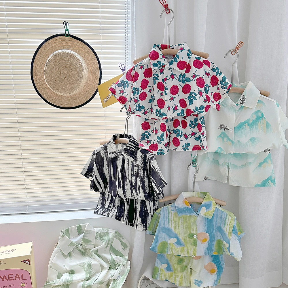 儿童短袖T恤宝宝夏装薄款男童夏季小童花衬衫套装两件套