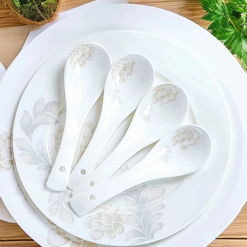 （微瑕小勺10只）景德镇骨瓷餐具家用简约长柄瓷勺喝粥汤勺子喝汤勺