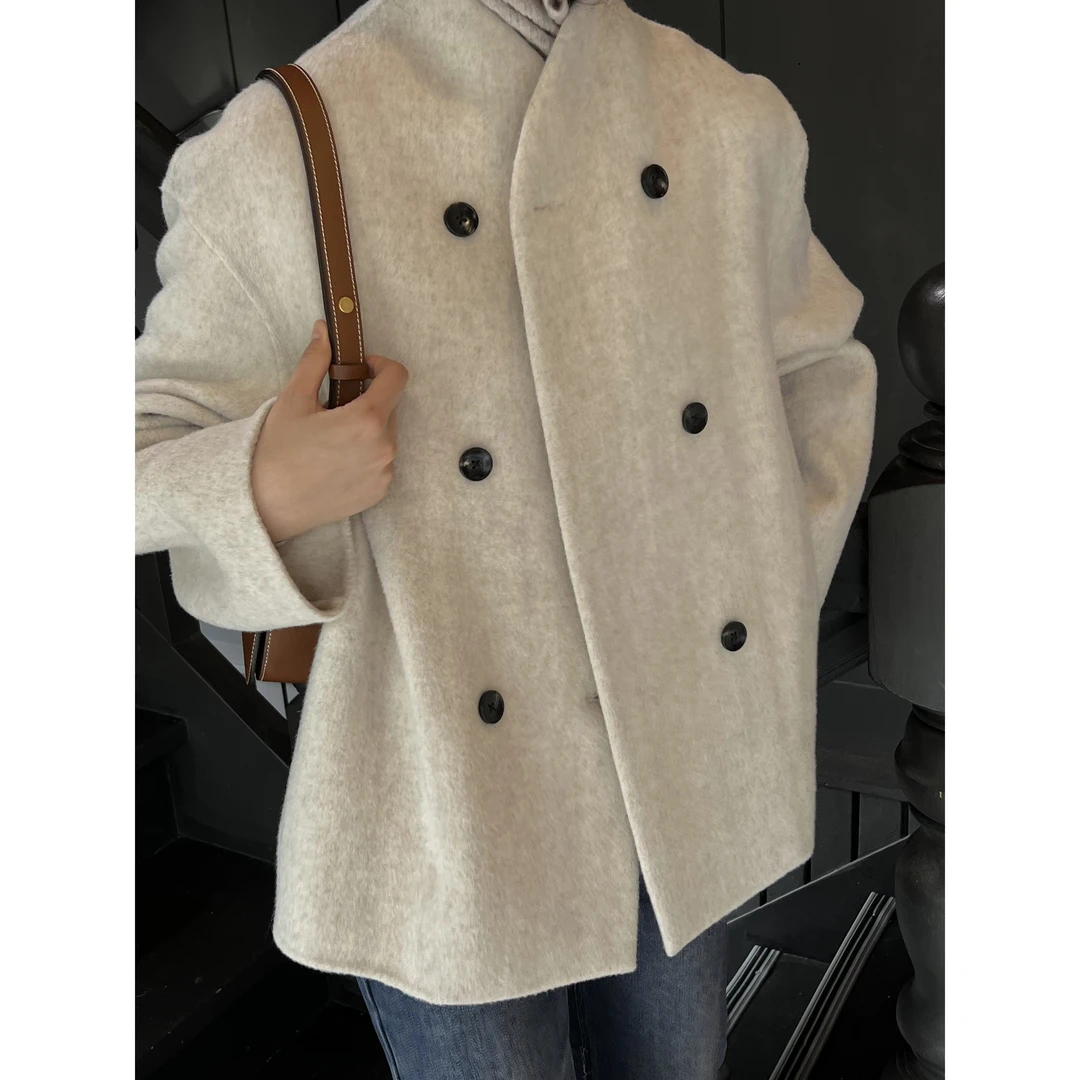 J-3600-1#ACME#【手工双面】韩系极简风高品质无领排扣毛呢大衣外套