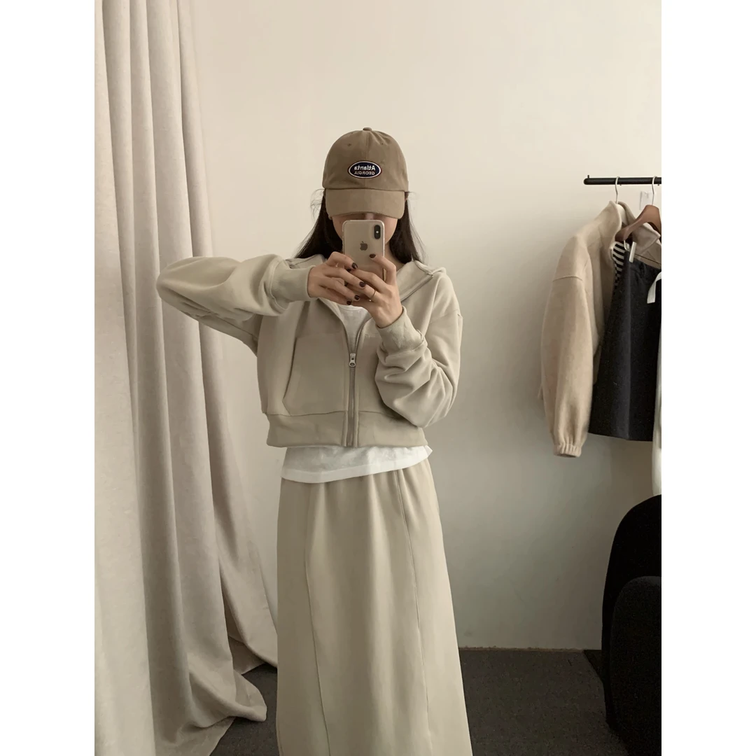 J-80879#YOUR#【加绒】韩系连帽卫衣开衫+同色系半身裙两件套（福利）