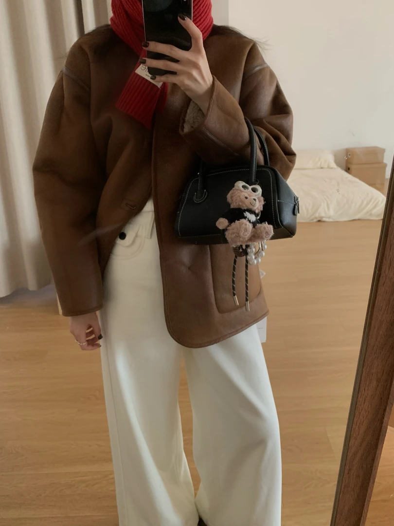 J-3968#ACME#韩系复古立领“正反两穿 ”皮毛一体保暖外套（福利）