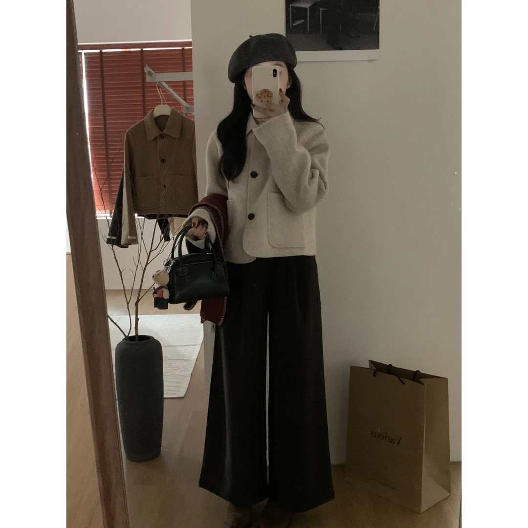 6047#韩系高级感气质翻领三粒扣宽松“含咩咩”小香风短款外套