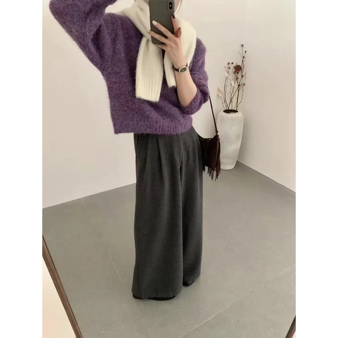 12103#韩系秋冬厚款毛呢高腰百搭显瘦阔腿裤