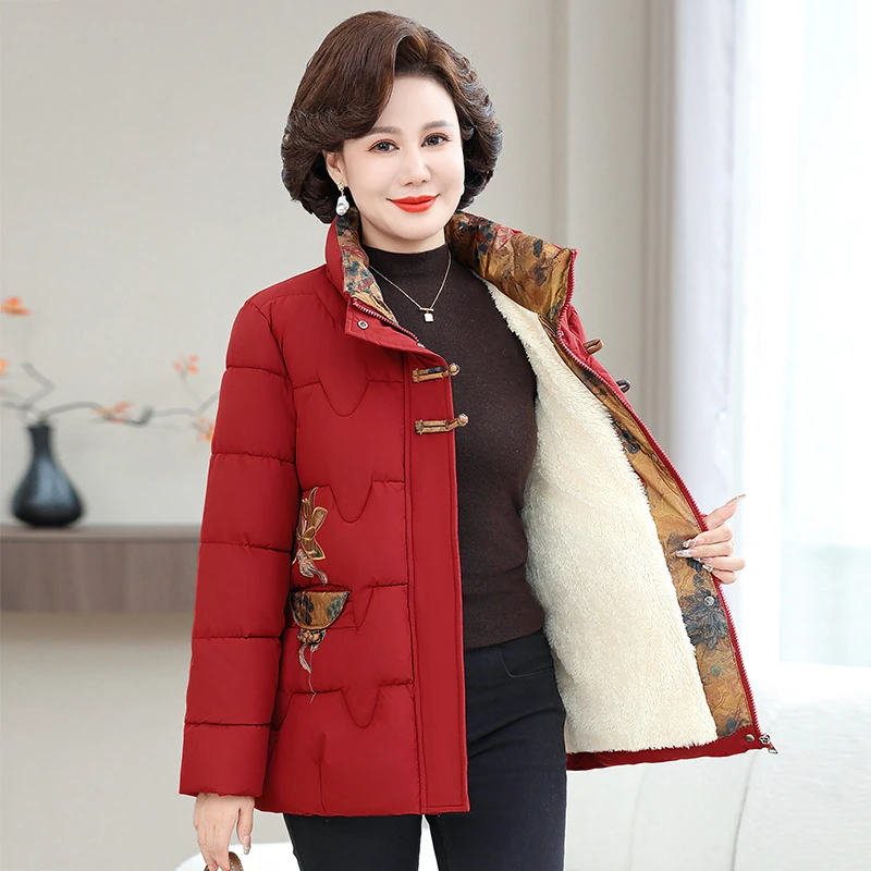 2024年新款国风刺绣加绒棉衣保暖时尚妈妈装女上衣外套冬季大码