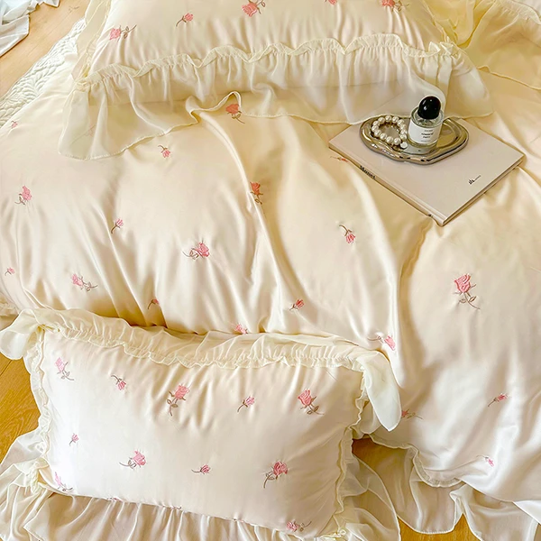 冰丝天丝法式复古刺绣少女心花边公主风网红四件套