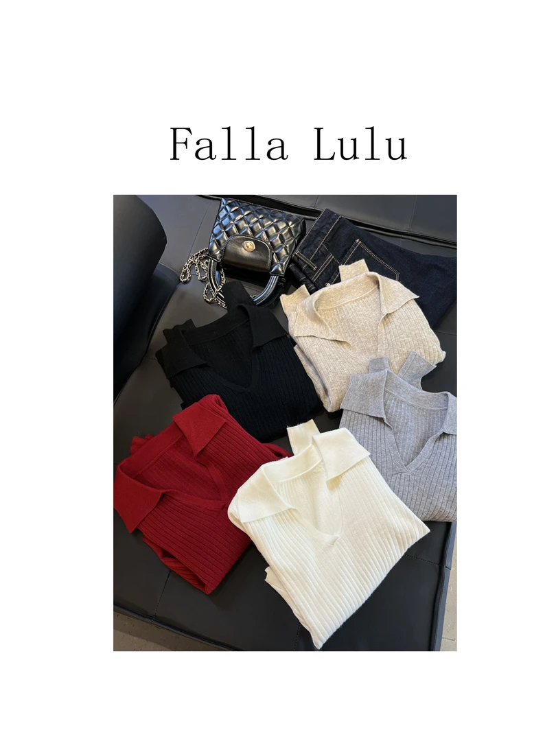 @英子家 / 品质订单小衫 韩系纯色显瘦翻领长袖针织衫  Y4383