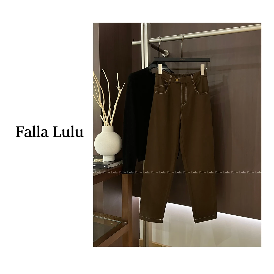 @英子家 明线设计半松紧腰显瘦遮胯阔腿老爹休闲裤  A5074