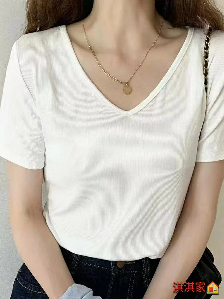 莫代尔棉螺纹V领t恤女2024夏季宽松ins潮垂感面膜短袖上衣薄款