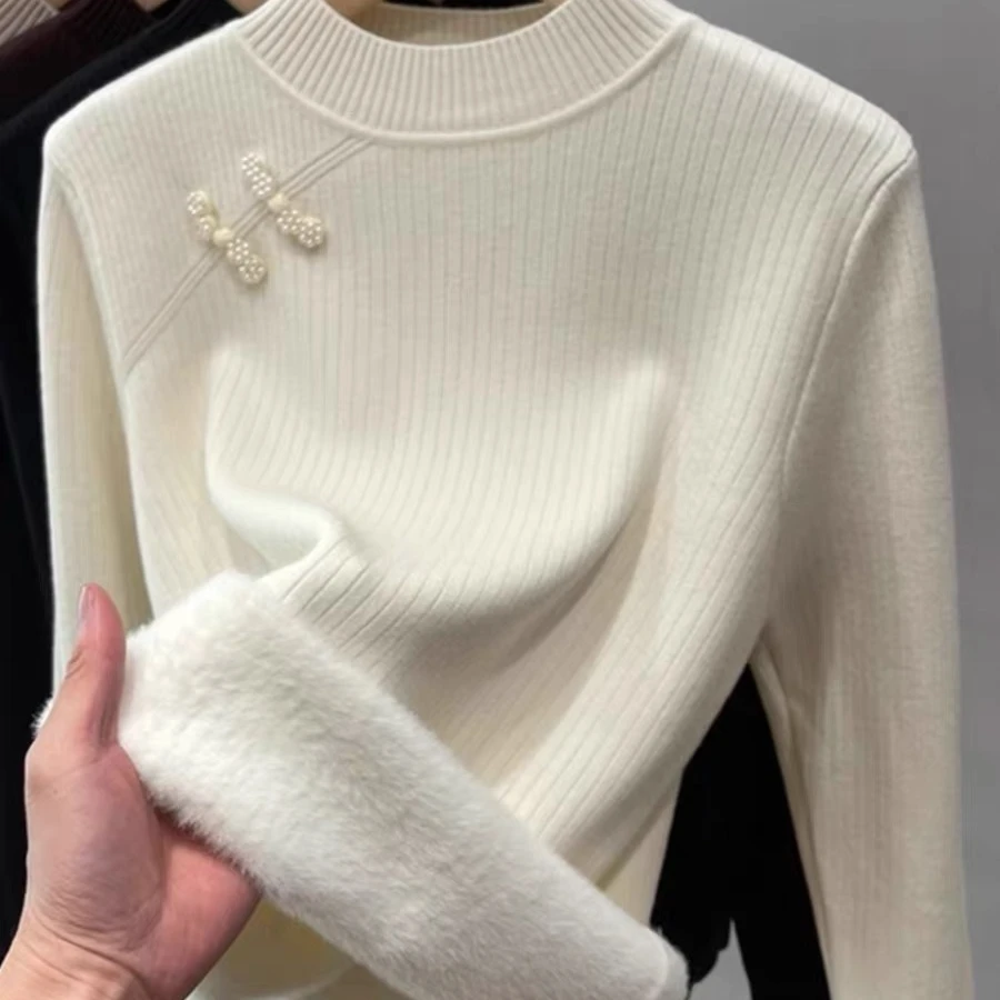 秋冬保暖针织衫加厚加绒半高领毛衣女时尚百搭纯色打底上衣一体绒