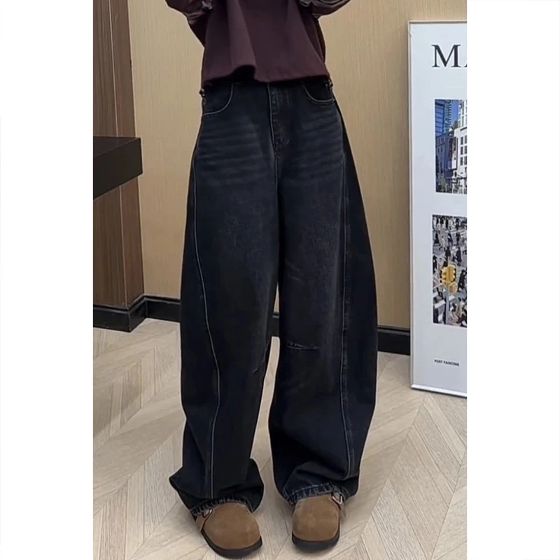 宽松窄版阔腿牛仔裤子女款梨形身材显瘦新款春季萝卜裤大码弯刀裤