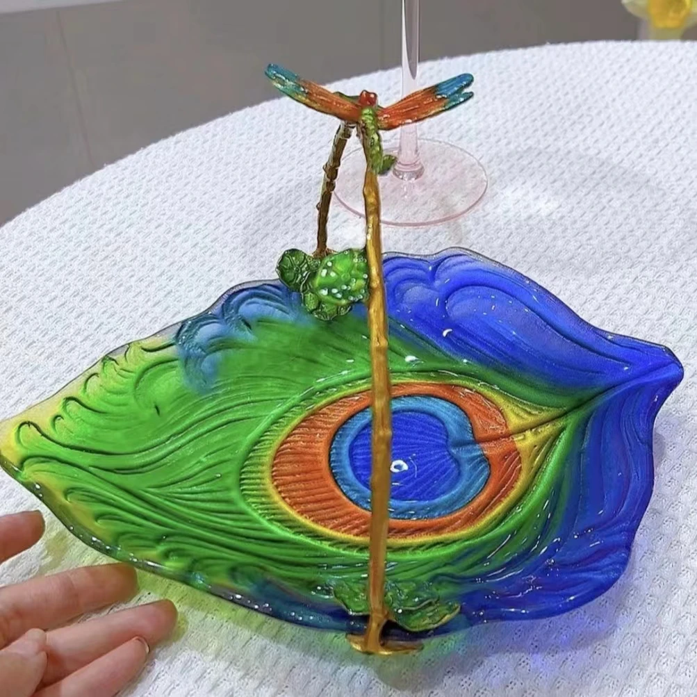 手绘羽毛琉璃提篮绿色家居果篮装饰盘