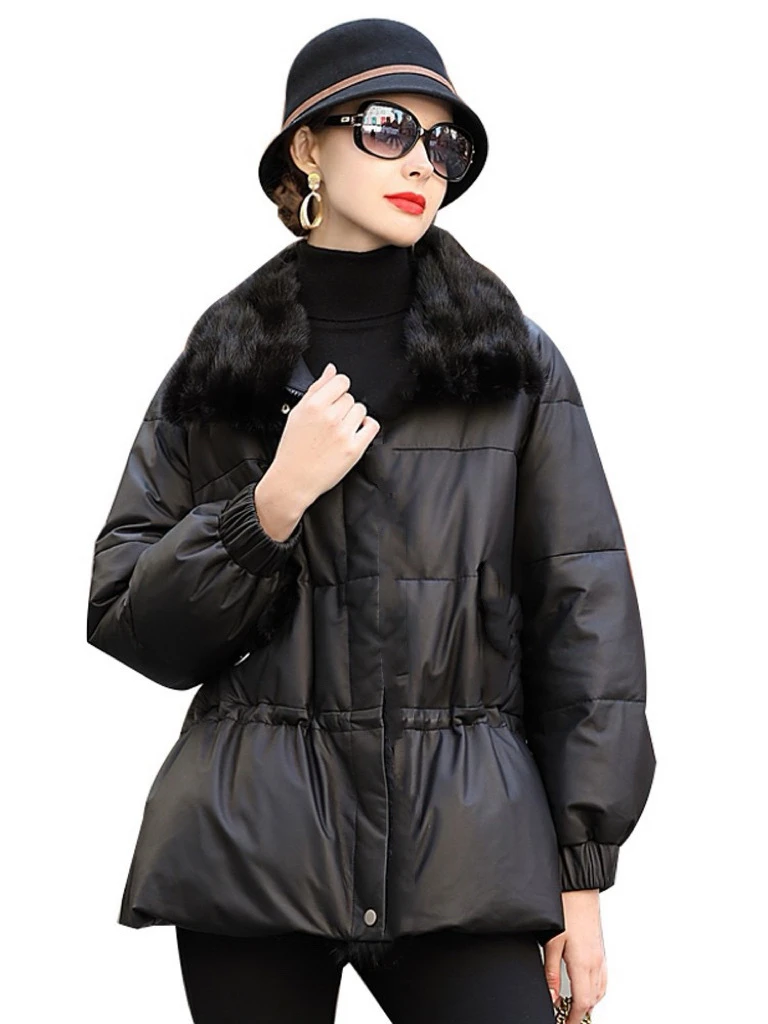 XIJYINGJIA 海宁冬季短款水貂毛领真皮羽绒服绵羊皮收腰外套