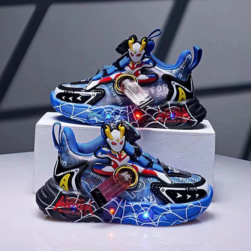 儿童鞋子带灯秋季新款中小童奥特曼旋转纽扣休闲鞋男