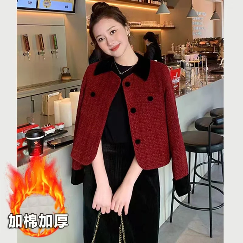 时尚小香风毛呢外套女2025年秋冬新款高级感气质名媛红色毛呢外套