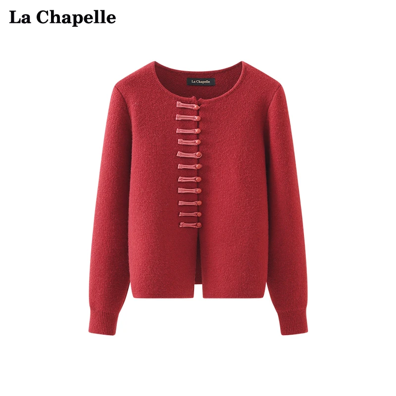 拉夏贝尔LaChapelle圆领新中式盘扣针织衫女红色国风小众毛衣冬