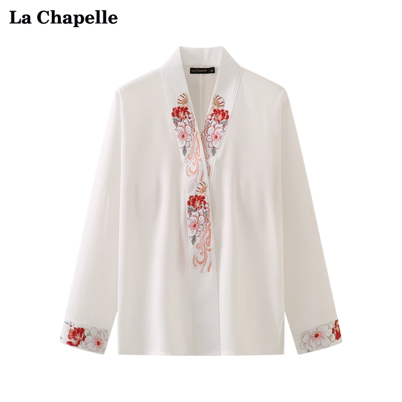 拉夏贝尔/La Chapelle国风V领刺绣长袖衬衫女新中式宽松衬衣秋季