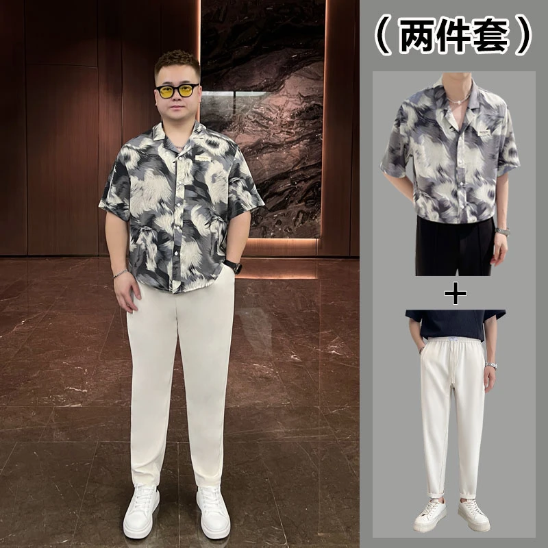 （两件套）夏季男士短袖衬衫韩版宽松休闲套装胖人冰丝薄款衣服潮