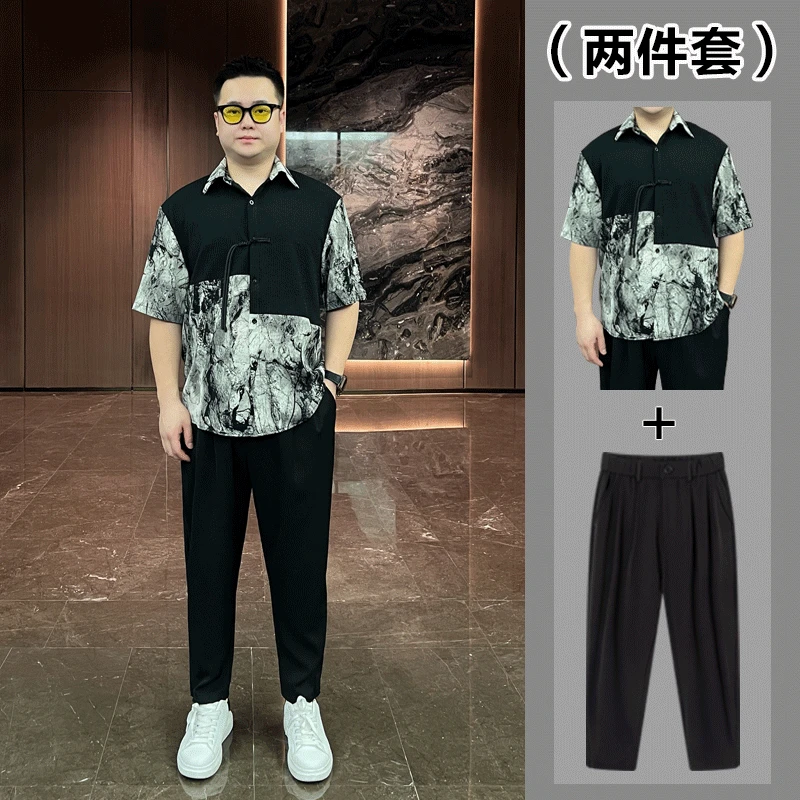 （两件套）夏季男士短袖衬衫韩版休闲衬衣套装痞帅冰丝大码胖人潮