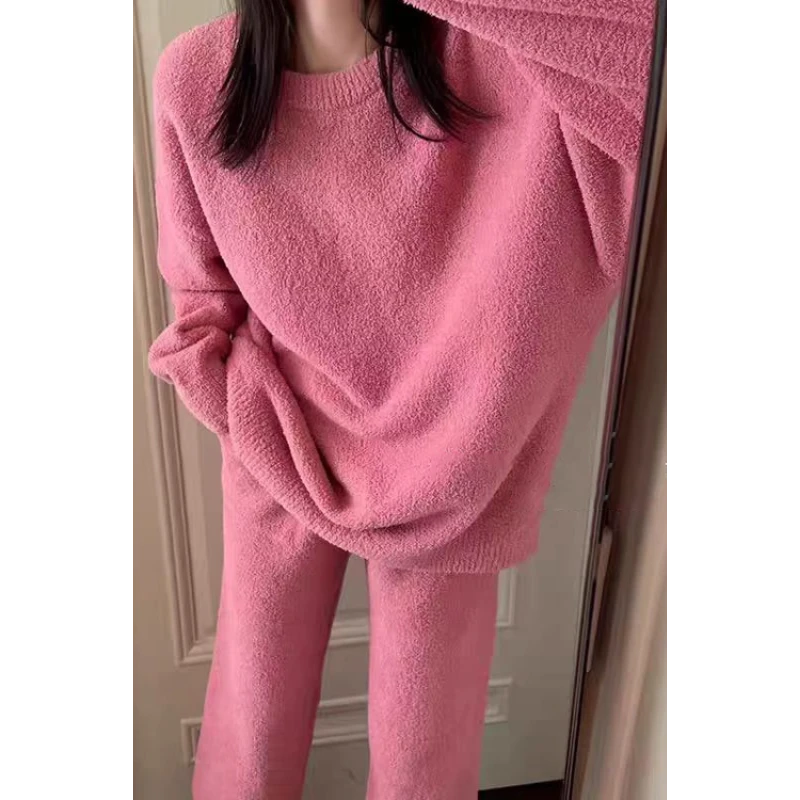 粉色高级感纯色针织半边绒睡衣女秋冬季加厚保暖2024新款居家套装