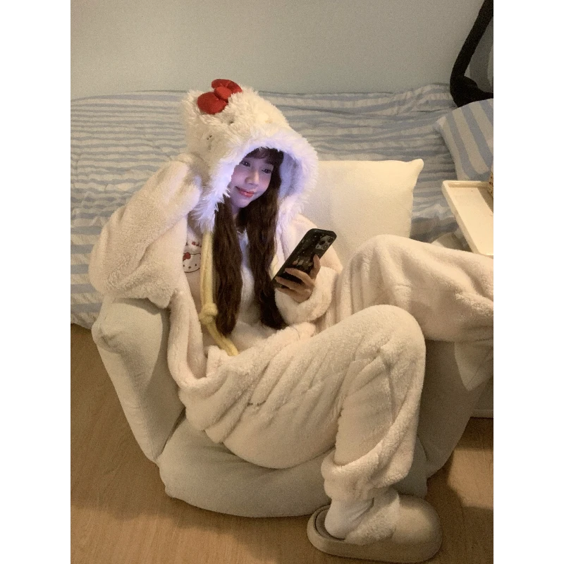 少女可爱凯蒂猫珊瑚绒睡衣女冬新款加绒保暖休闲连帽家居服套装女
