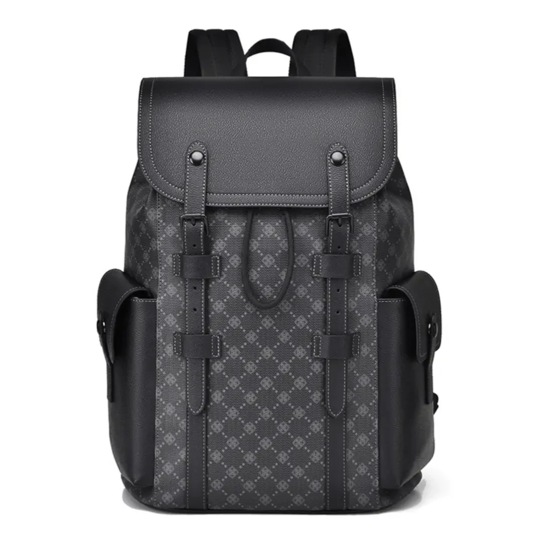 2024新款双肩包男士休闲印花商务电脑包黑编织纹格子出差旅行背包