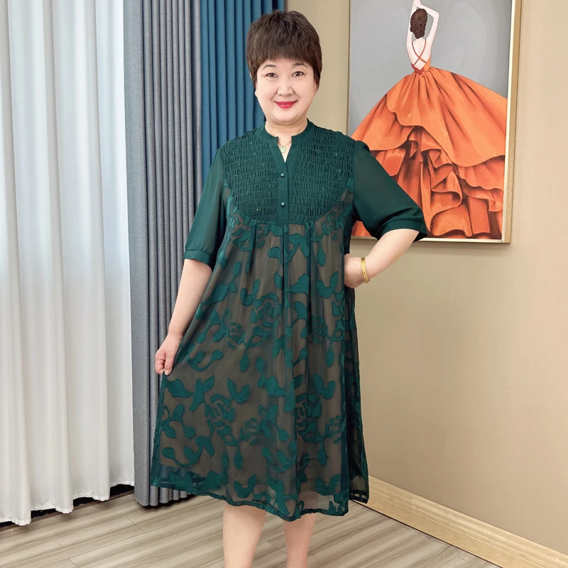 英姐大码妈妈装2024夏装中老年连衣裙时尚显瘦纯色压花长裙1690#