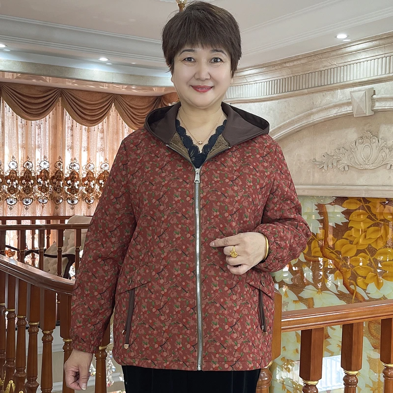 英姐大码妈妈装秋冬新款连帽加绒外套中老年女装加肥加大外套1969