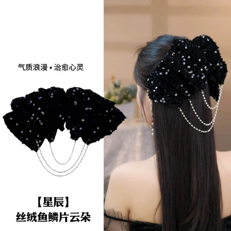 高级感时尚气质亮片蝴蝶结珠珠流苏发夹韩版百搭轻奢顶夹发卡头饰