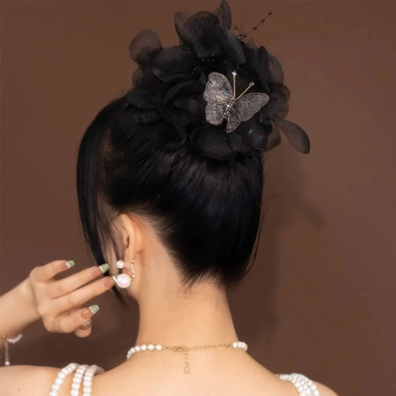 非金属布艺发饰 气质黑色花朵发夹刺绣蝴蝶丸子夹头饰盘发夹抓夹