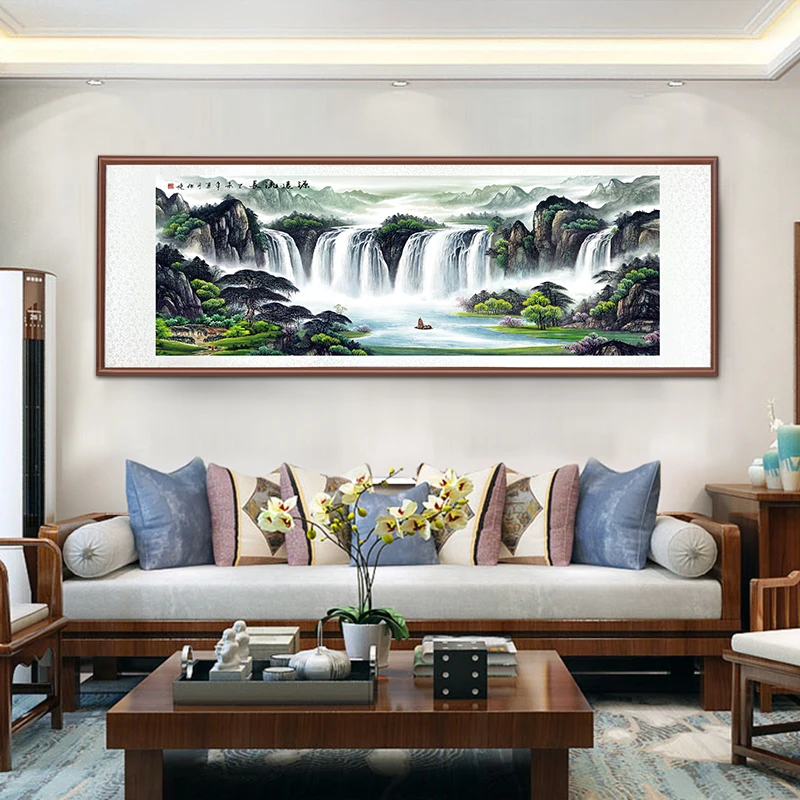 带框装裱  艺术微喷 瀑布《源远流长》 中式国画装饰画山水花鸟画