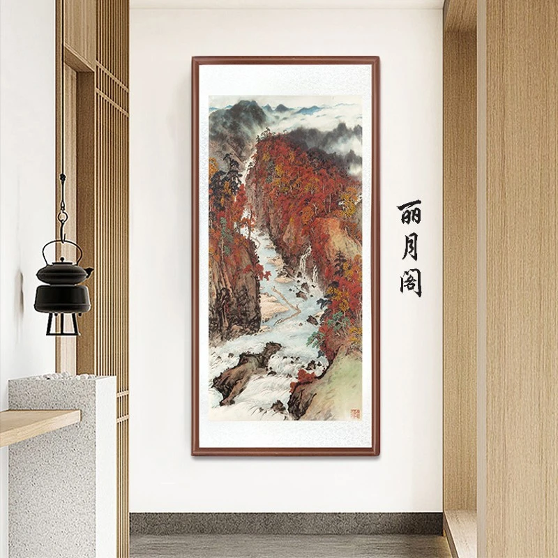 带框装裱  艺术微喷 竖版《 秋溪放筏 》中式国画装饰画山水花鸟