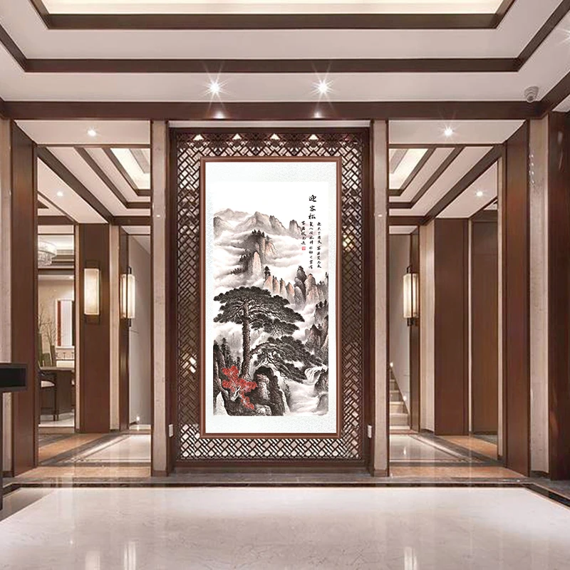 带框装裱 艺术微喷 竖版《迎客松》新款 六 中式国画山水花鸟画字画