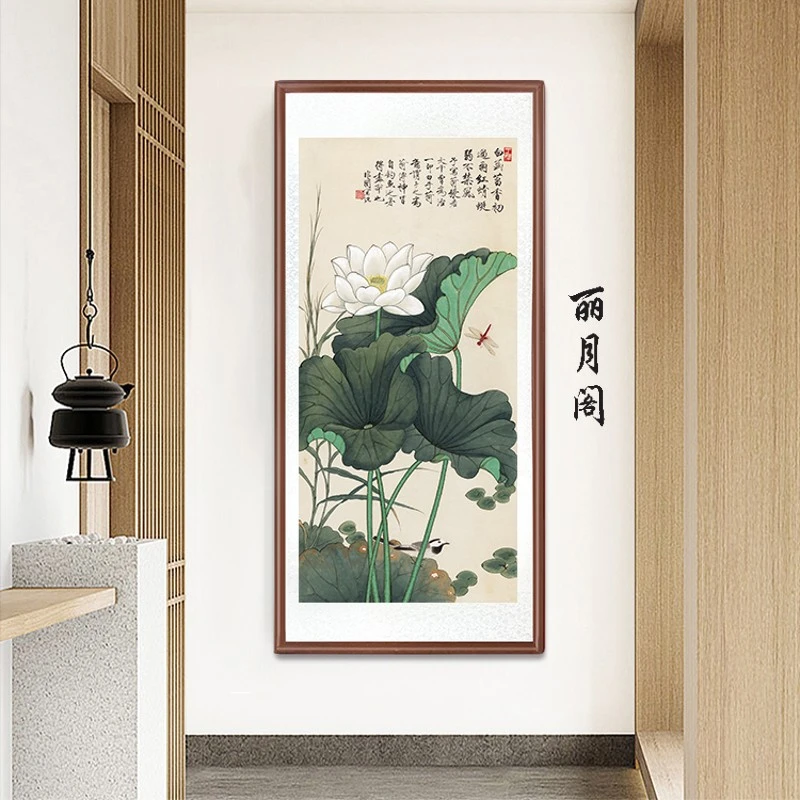 带框装裱 艺术微喷  竖版《 荷塘蜻蜓翠鸟图 》中式国画装饰画花鸟