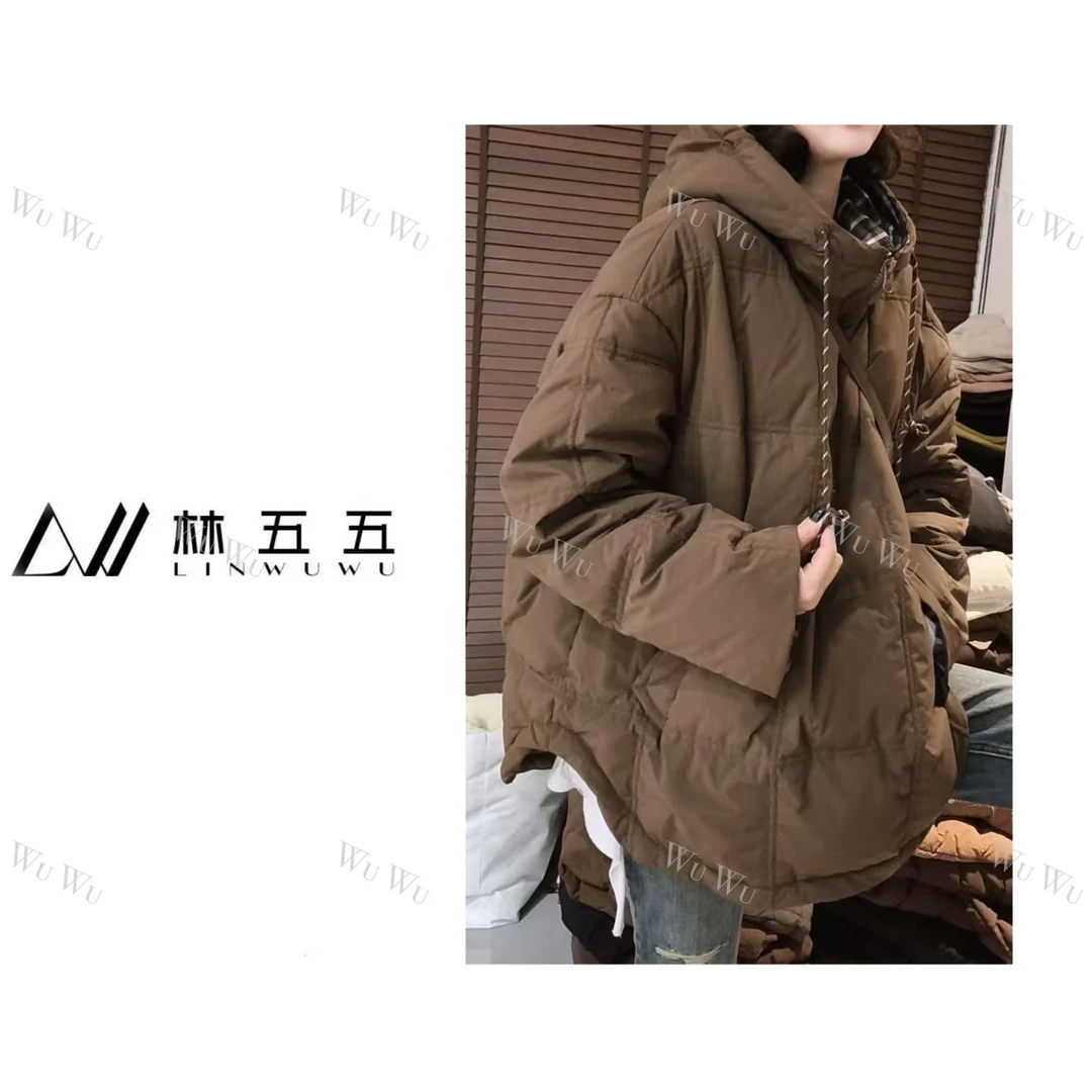 【五五定制】2024新款—秋冬时尚连帽抽绳半拉链纯色宽松羽绒服5937