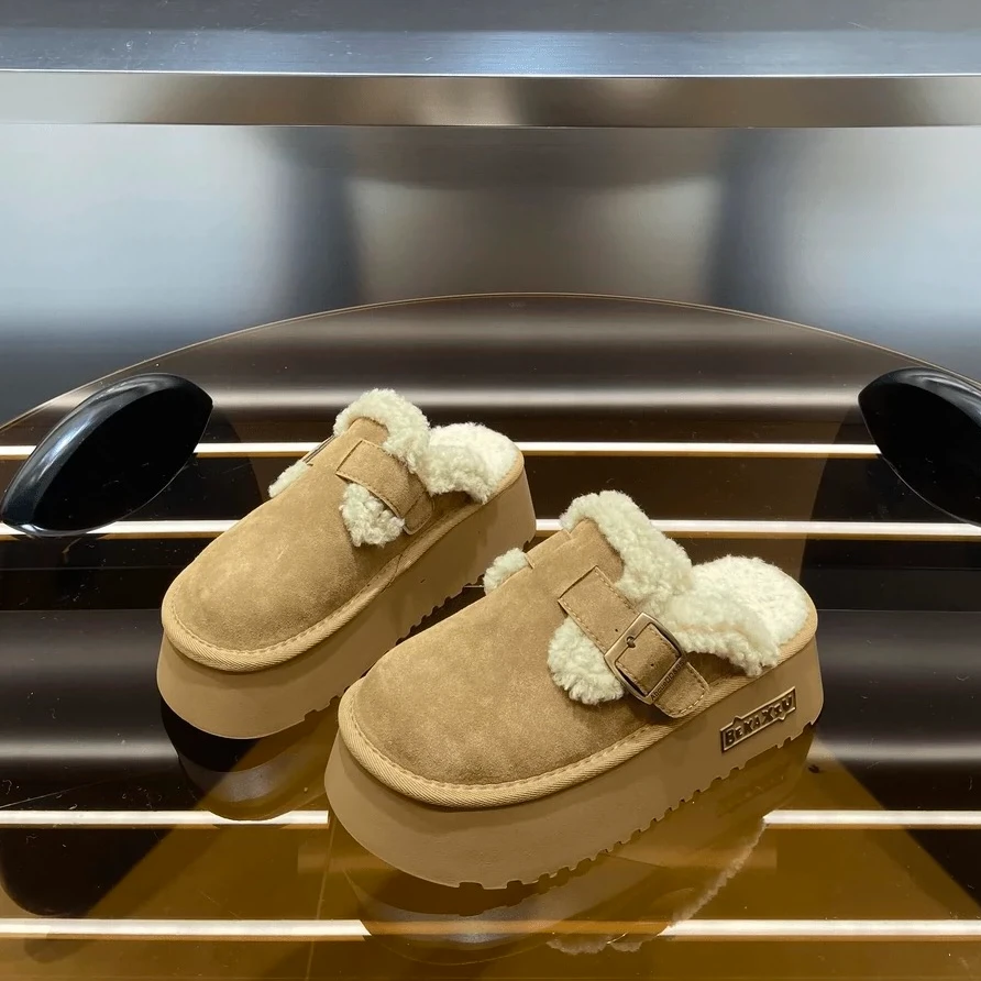 【五五定制】2024新款—秋冬时尚休闲舒适厚底金属扣加厚毛毛拖鞋