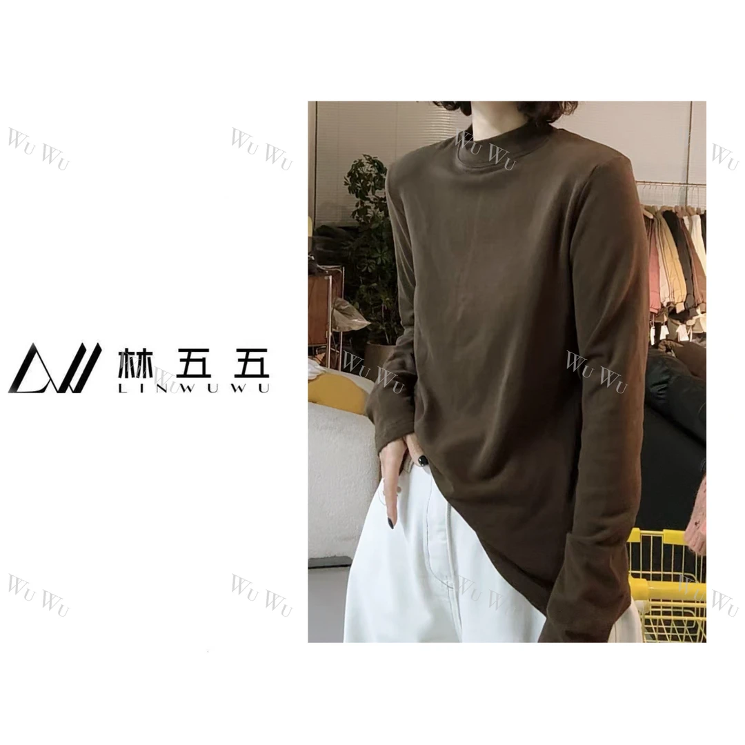 【五五定制】2024新款—秋冬舒适休闲纯色圆领拼接两点磨毛打底T恤