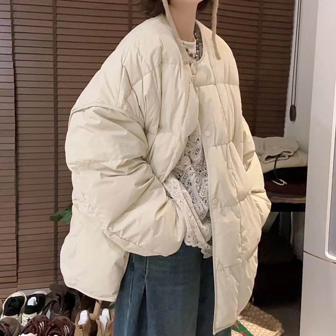 【五五定制】2024新款—秋冬韩版时尚宽松圆领单排扣纯色羽绒服95853