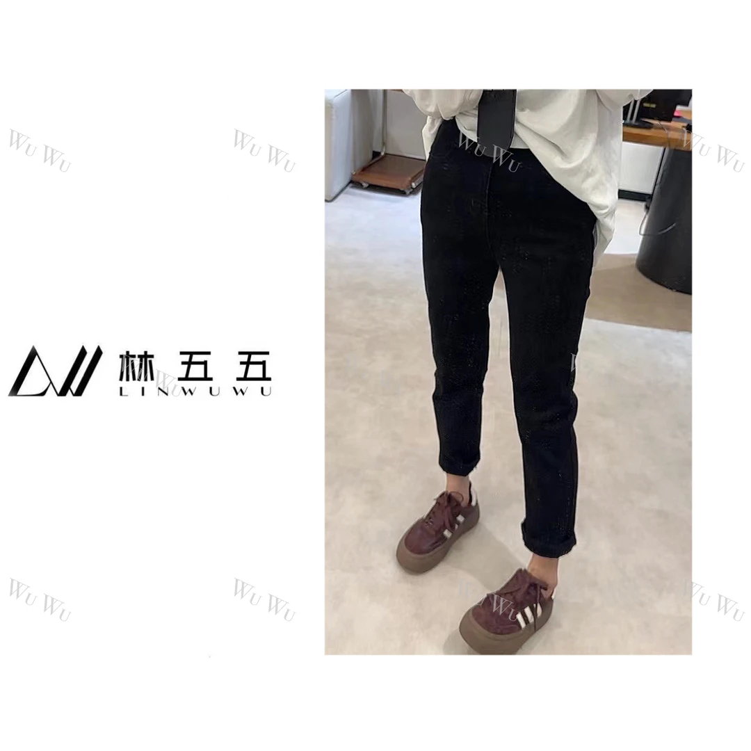 【五五定制】2024新款—秋季时尚休闲弹力贴皮黑色牛仔烟管裤22111