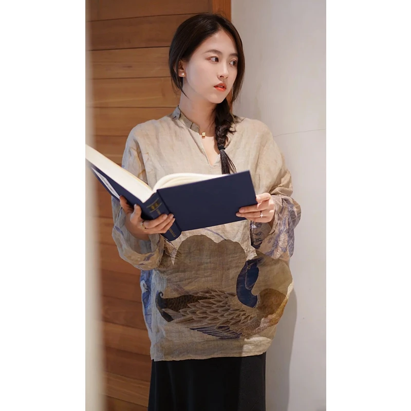 原单非市面货！博物馆定位印花V领薄款苎麻衬衫 B197