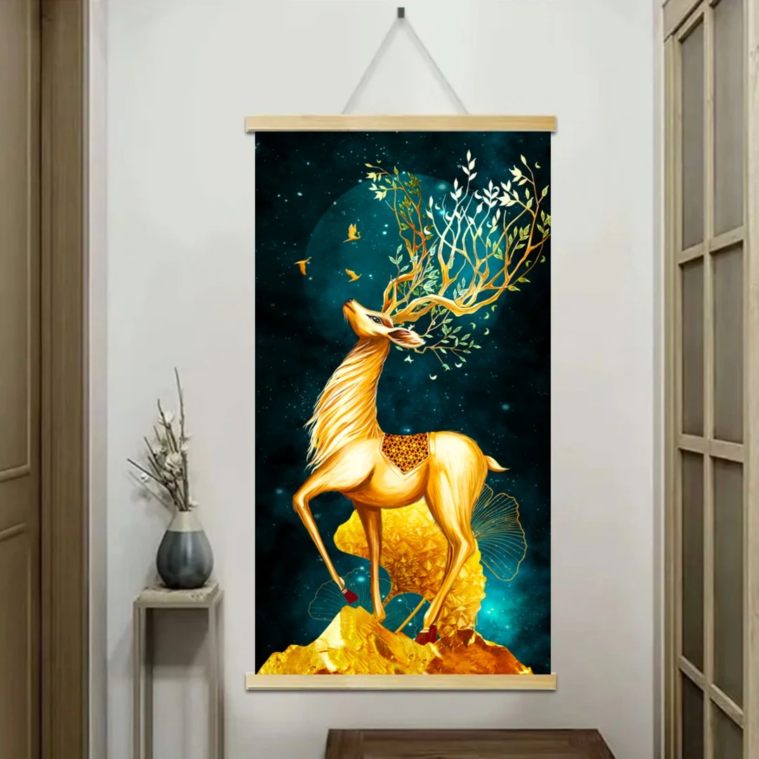 鹿鹿高升木质卷轴挂画竖款玄关过道走廊挂画鹿18D水晶凹凸装饰画