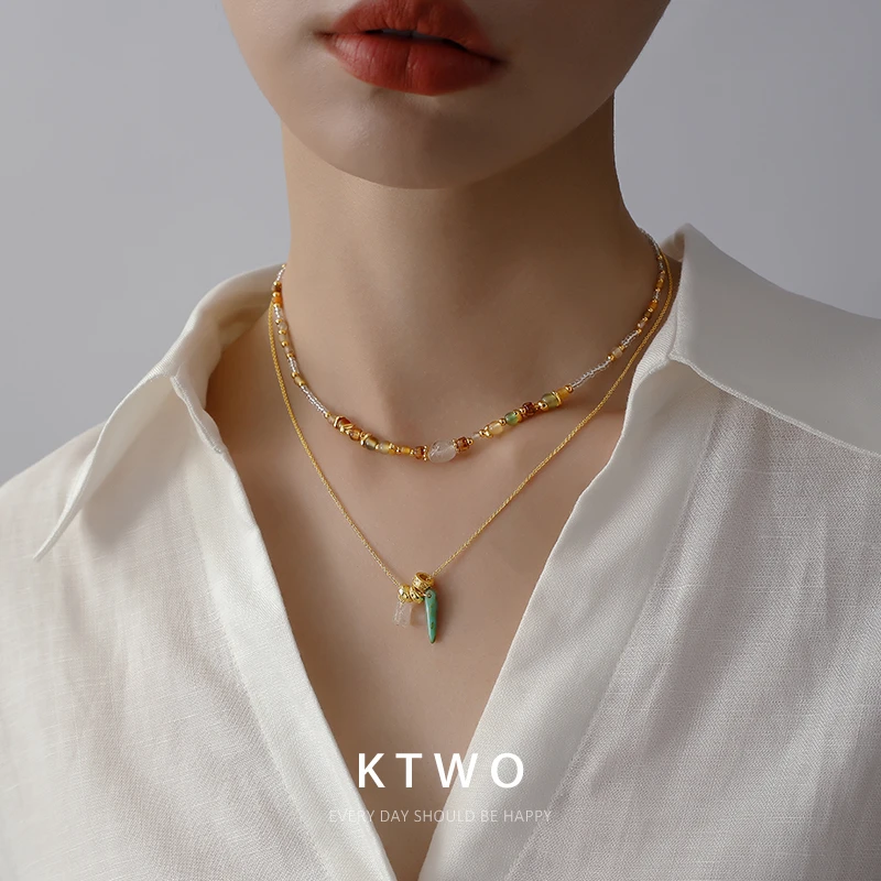 铜合金仿水晶项链  彩石小米珠锁骨链女款高档设计串珠百搭新中式