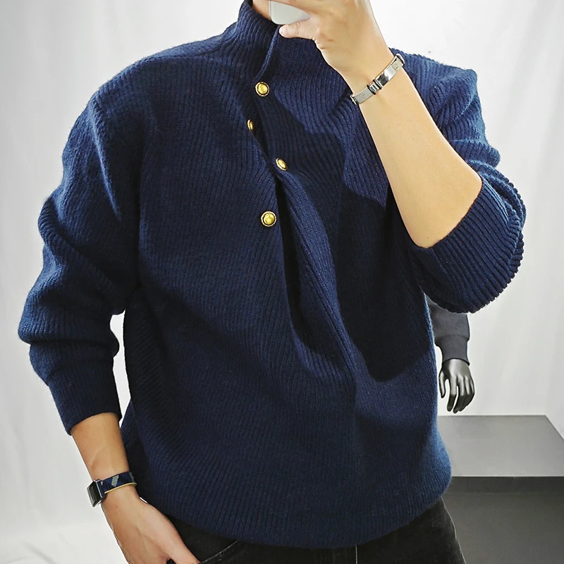 设计高领休闲重磅加厚毛衣男秋冬百搭宽松慵懒复古潮流纽扣针织衫