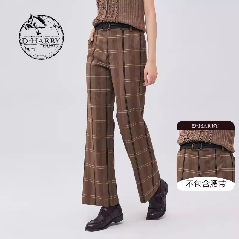 D-HARRY/迪哈利2023秋新款复古优雅显瘦格子微喇长裤DH233L96351D