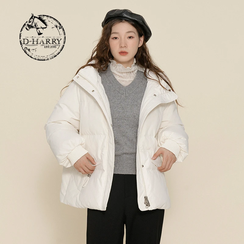 D-HARRY/迪哈利气质复古纯色女装短款时尚连帽羽绒服DH224G95782D