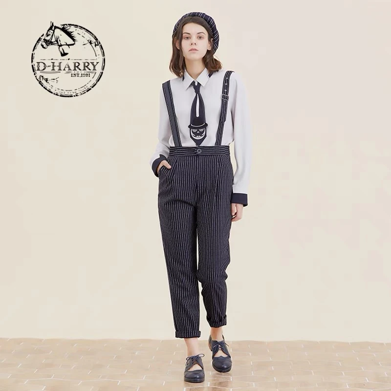 D-HARRY/迪哈利2021秋英伦都市时尚条纹蓝色女吊带裤DH213L93052D