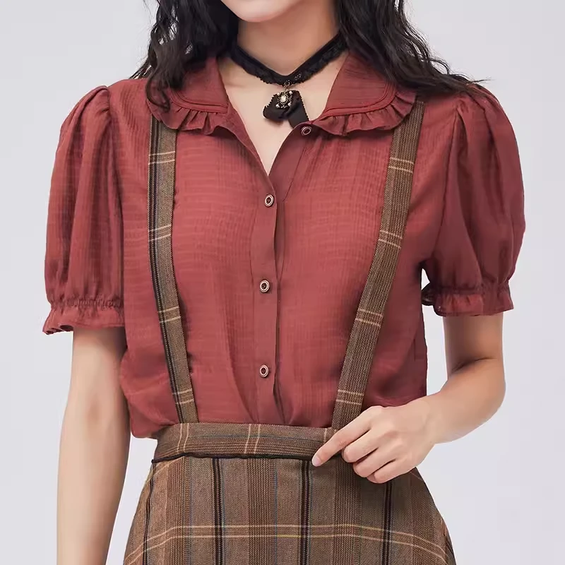 D-HARRY/迪哈利2023秋新款圆领泡泡袖铁锈红短袖衬衫DH233D96338D