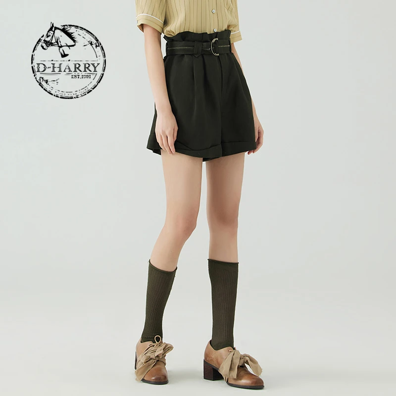 D-HARRY/迪哈利气质夏新款复古休闲军绿色带腰带短裤DH232L96257D