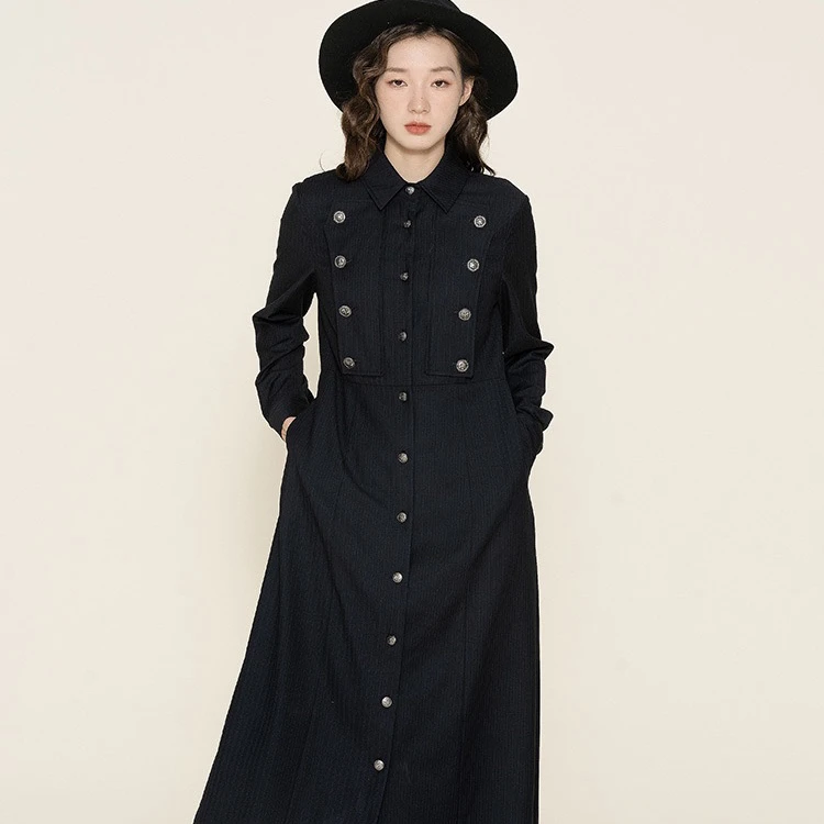 D-HARRY/迪哈利衬衫领连衣裙女春冬新款复古英伦长裙DH224J95820T