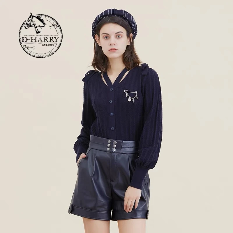 D-HARRY/迪哈利2021秋蝴蝶结性感藏青色v领软针织衫DH213C93015D