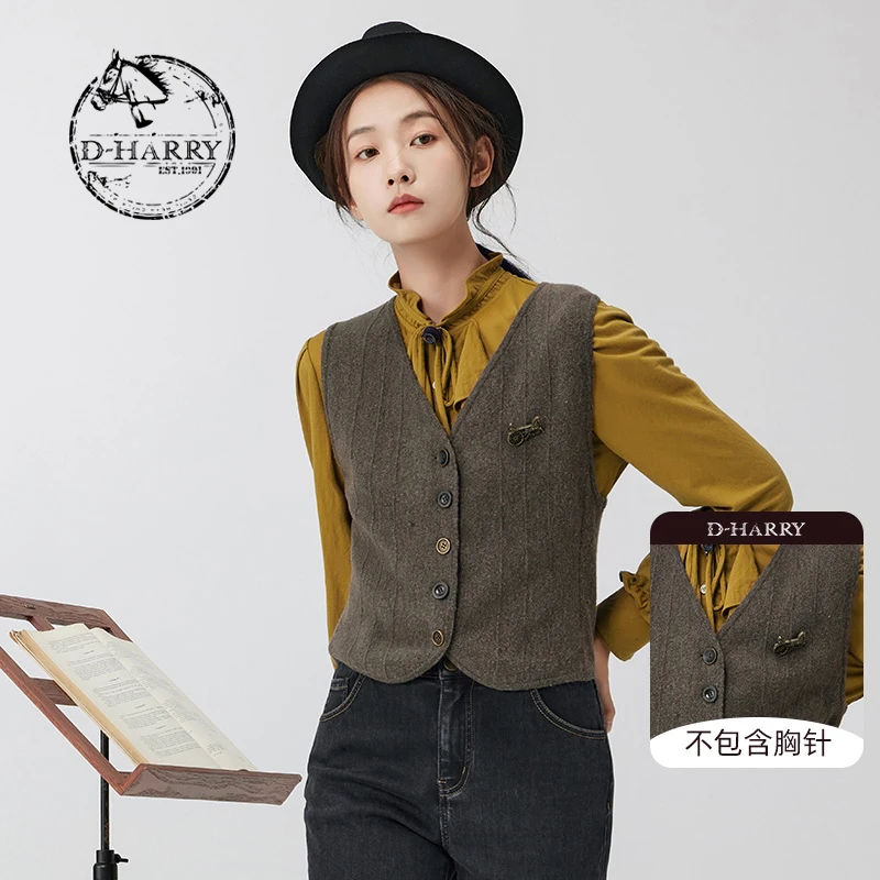D-HARRY/迪哈利2023冬新款百搭V领灰色显瘦毛织马甲DH234C96710D